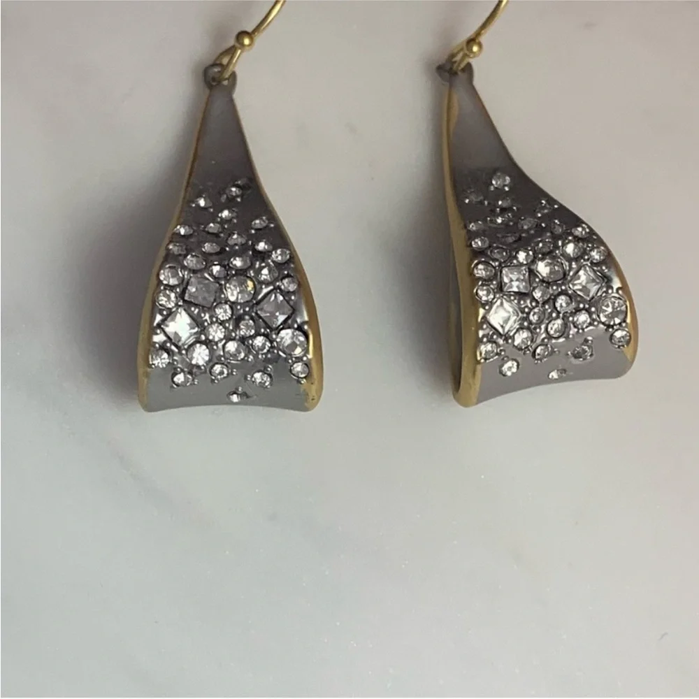 ALEXIS BITTAR • Ribbon Curl Bow Crystal Dusted Matte Silver Gold Drop Earrings